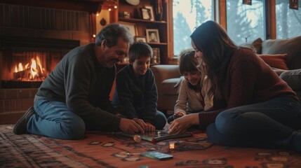 The family is sitting on the hardwood floor, sharing a fun board game event in front of the fireplace, enjoying the warmth and darkness. AIG41