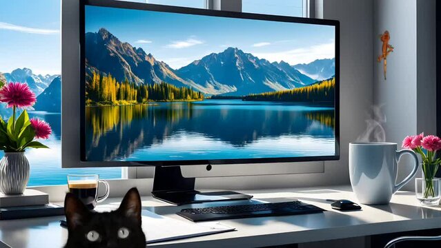 Office interior with computer and cat. Seamless looping time-lapse 4k video animation background