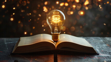 A light bulb over an open book with a light effect background, depicting the concept of education and knowledge.
