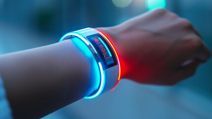 Sleek and futuristic device worn on hand.