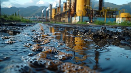 Industrial pollution with factory background and dirty water, showcasing environmental damage and contamination.
