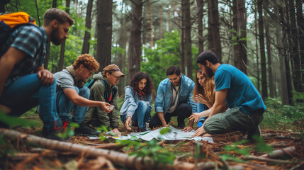 Group of People Viewing Map in Forest