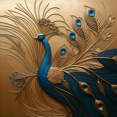 Flowers background, branches, peacocks, gold and blue. Painting. Modern Art. Wall art	