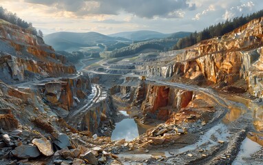 Panoramic view of a large open-pit mine with winding roads, rugged terrain, and dramatic skies, surrounded by lush green hills.