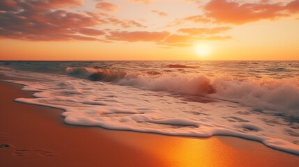 Sunset scene with a sandy beach and gentle waves.
