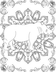 Rhino on Mandala Coloring Page. Printable Coloring Worksheet for Adults and Kids. Educational Resources for School and Preschool. Mandala Coloring for Adults