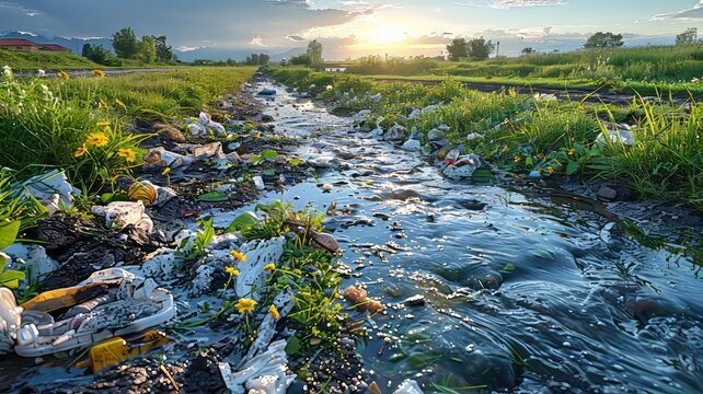 Polluted river with plastic waste near a field, highlighting environmental issues and the impact of human activities on nature.