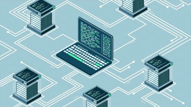 Abstract isometric high technology animation. Cloud storage isometric illustration. Big data center with server. Server room. 4K video animated in isometric style