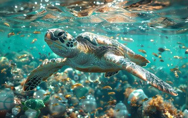 Obraz premium Sea turtle swimming amidst plastic pollution in the ocean, highlighting environmental issues and the need for conservation.