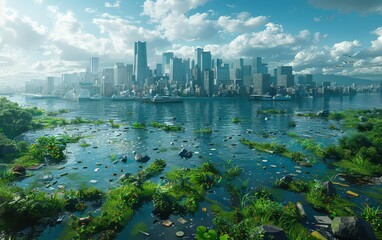 Obraz premium Stunning cityscape with a skyline reflecting in the water, surrounded by lush greenery and scattered clouds in a bright blue sky.