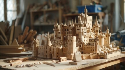 a model of an English castle made from wood on the table in workshop,
