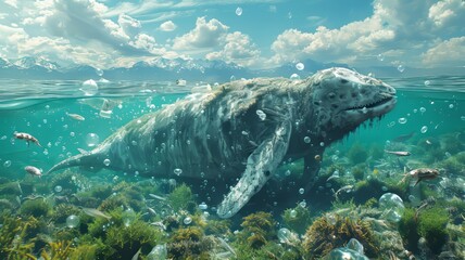Underwater scene featuring a large seal swimming amidst seaweed and bubbles, under a sunny sky with clouds and distant mountains.