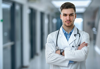 Photo portrait of young male doctor arms crossed and wearing a stethoscope