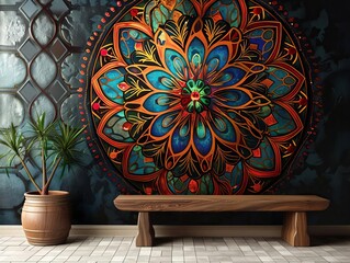 A wallpaper design featuring an intricate mandala pattern with vibrant colors on a dark background