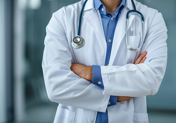 Photo portrait of young male doctor arms crossed and wearing a stethoscope