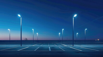 A modern parking lot with tall light poles at night under a blue sky. The light poles illuminated...