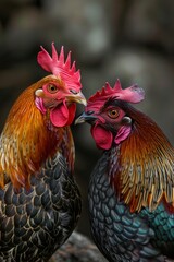 Fototapeta premium Intense and detailed portrait of two roosters engaging with each other, showcasing their vibrant plumage and natural beauty