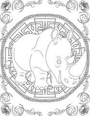 Rhino on Mandala Coloring Page. Printable Coloring Worksheet for Adults and Kids. Educational Resources for School and Preschool. Mandala Coloring for Adults