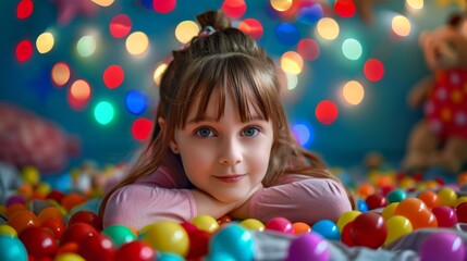 Fototapeta na wymiar A little girl lying contentedly in a colorful ball pit with festive lights in the background