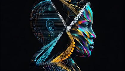 Stylized DNA Infused Facial Portrait with Glitchy Retrofuturistic Aesthetics