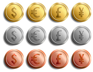 gold, silver, copper coin dollar, pound, euro, and yen Different Currencies , money currency, currency symbol	