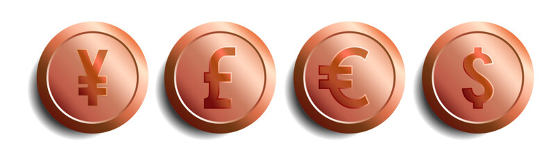 copper coin dollar, pound, euro, and yen Different Currencies , money currency, currency symbol	