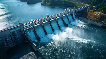 A massive hydroelectric dam spanning a river valley, with water flowing through its turbines
