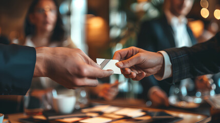 A networking event with professionals mingling and exchanging business cards, symbolizing the importance of interpersonal communication in building relationships