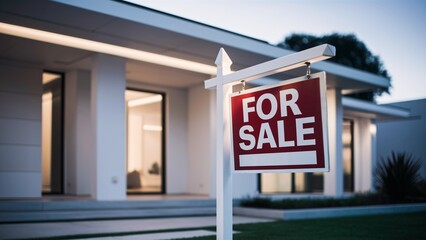 Real estate sign house for sale with a blurred modern house in the background.