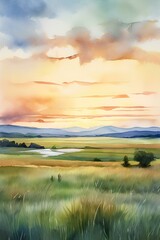Obraz premium watercolor sunset over the river