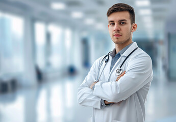 Photo portrait of young male doctor arms crossed and wearing a stethoscope