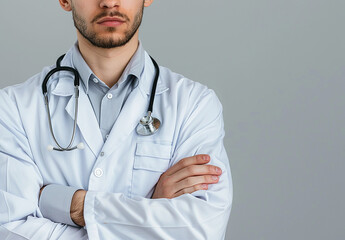 Photo portrait of young male doctor arms crossed and wearing a stethoscope