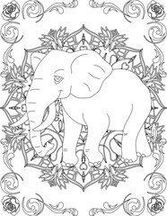 Elephant on Mandala Coloring Page. Printable Coloring Worksheet for Adults and Kids. Educational Resources for School and Preschool. Mandala Coloring for Adults