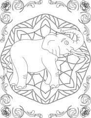 Elephant on Mandala Coloring Page. Printable Coloring Worksheet for Adults and Kids. Educational Resources for School and Preschool. Mandala Coloring for Adults