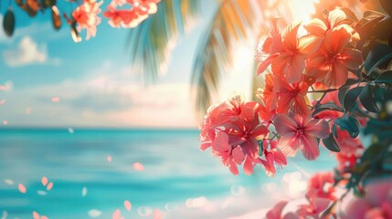 Serene beach scene with vibrant pink flowers against a clear sky. - Powered by Adobe