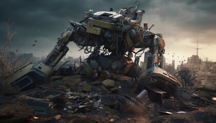 Broken robot and discarded machinery in trash bin, hinting at the uncertain future of technology. A reminder to consider the consequences of innovation. 🤖🗑️ #TechFuture