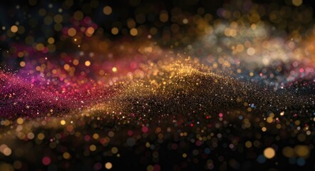 Abstract background with golden powder and colorful dust on a black background. Abstract space wallpaper