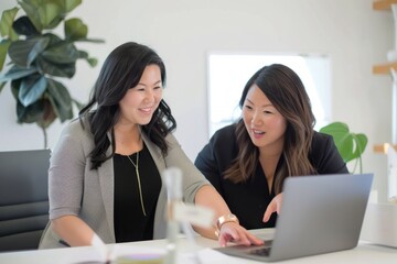 Female managers in modern offices help young female employees use computers, work in teams and communicate at work.