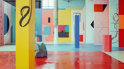 Colorful geometric shapes form the backdrop for a contemporary art exhibition opening.