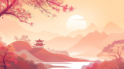Chinese and Japanese style nature pictures with mountains. Has a pastel colored background, ink painting, landscape background, landscape painting, artistic landscape