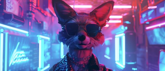 Anthropomorphic fox with sunglasses in neon-lit environment, blending cyberpunk aesthetics with futuristic style.