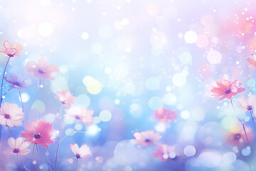 summer flowers on Blurred background with soft pastel colors, bokeh effect, bubbles and sparkles	