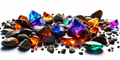 Fototapeta premium A collection of colorful gemstones and rocks scattered across a white surface, with some pieces appearing to be lit from within by a light source.