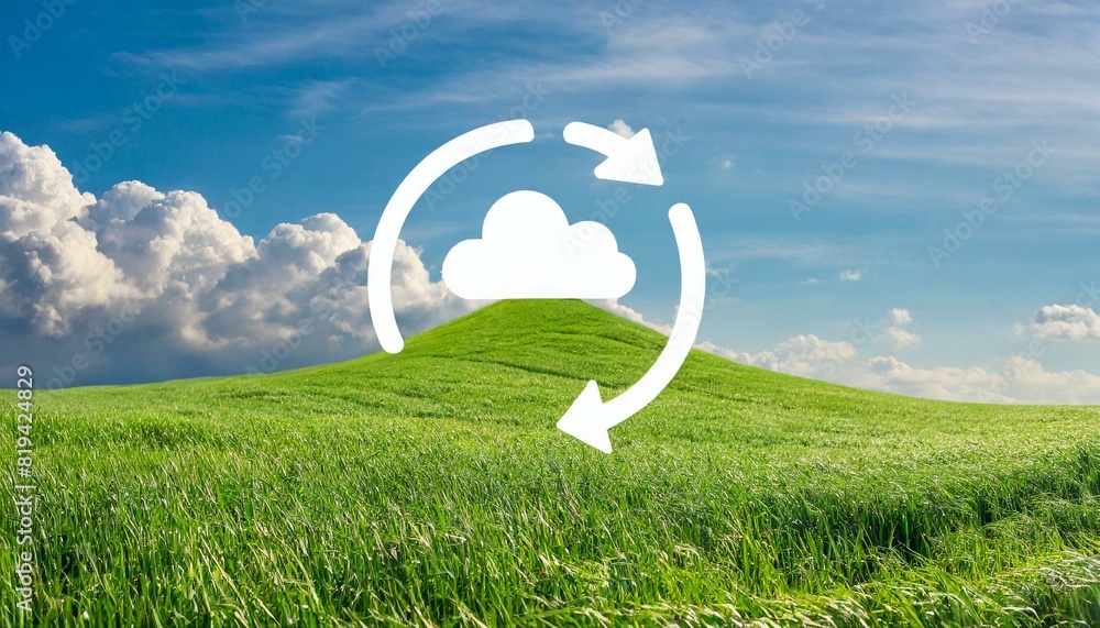Poster a green field with a cloud in the sky and a white arrow pointing to the right