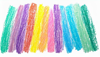 A colorful line of crayon drawings on a white background