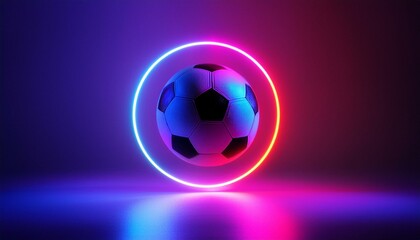 A neon soccer ball is suspended in a glowing circle