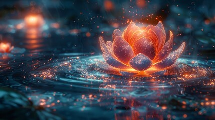 Glowing lotus flower floating on water with sparkling particles and a mystical blue and orange ambient light