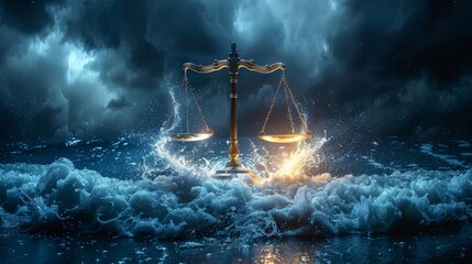Scales of justice glowing amidst turbulent ocean waves under a dark, stormy sky - Powered by Adobe