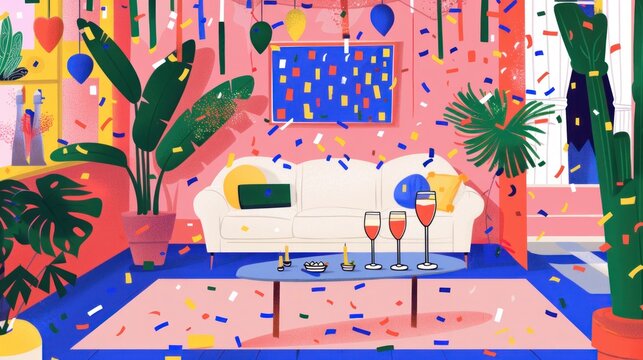 Cozy geometric pattern with housewarming party icons, setting the stage for a welcoming and festive gathering to mark the beginning of a new chapter.