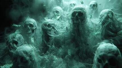 Spectral figures with skeletal faces surrounded by floating dollar bills in an eerie, misty atmosphere